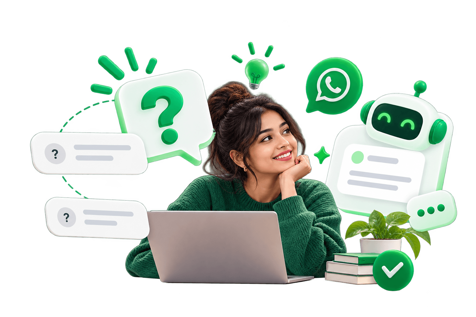 Friendly support illustration with question bubbles, WhatsApp and a helper bot