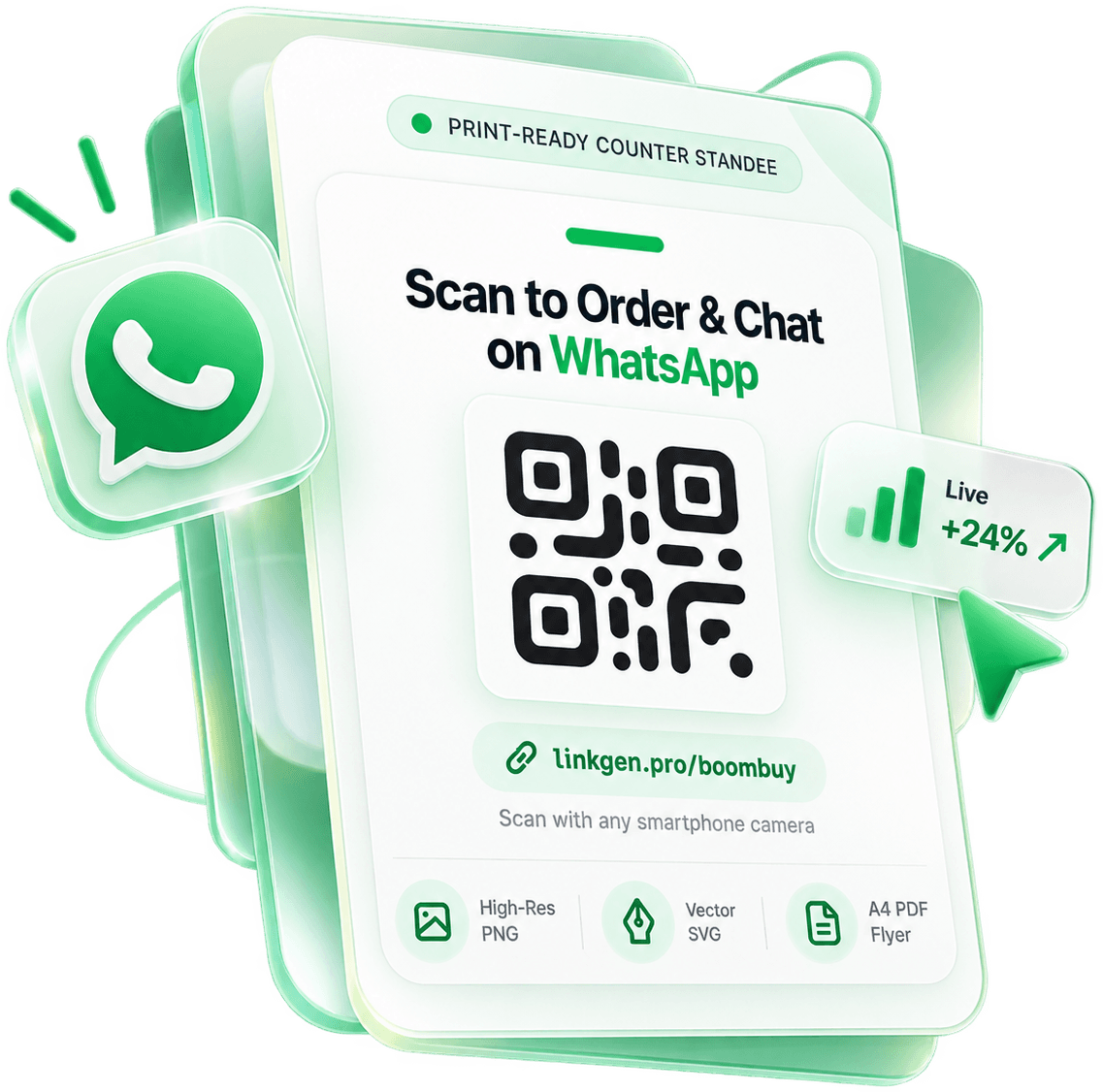 Print-ready counter standee reading “Scan to Order & Chat on WhatsApp” with a QR code, the link linkgen.pro/boombuy, and High-Res PNG, Vector SVG and A4 PDF flyer formats