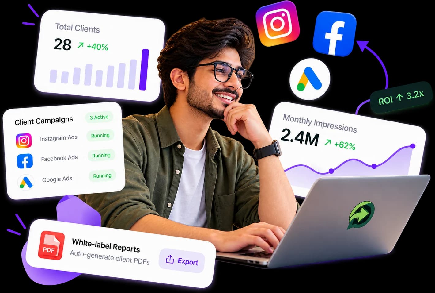 Agency marketer at a laptop surrounded by client campaign, impressions and white-label report cards